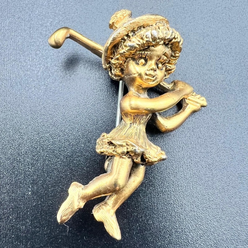 Vintage Gold Tone Lady Girl Golfer Brooch Pin 1.75 Inch Kitsch Figural